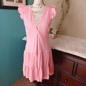 Double Crazy Pink Ruffle Mini Dress Sleeveless V-Neck A-Line Pink Dress M